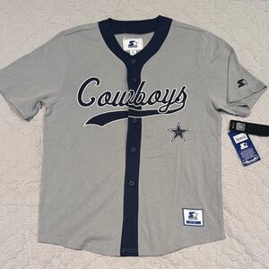 STARTER Gray and Navy Dallas Cowboys Baseball Style Button front Jersey M/L NWT
